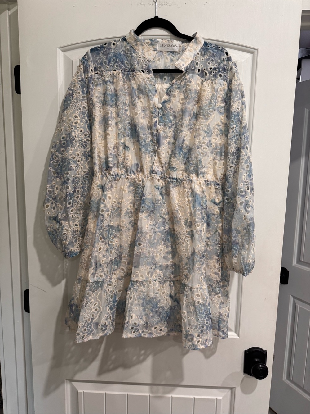 Impressions Blue & Cream Eyelet Floral Tiered Dress